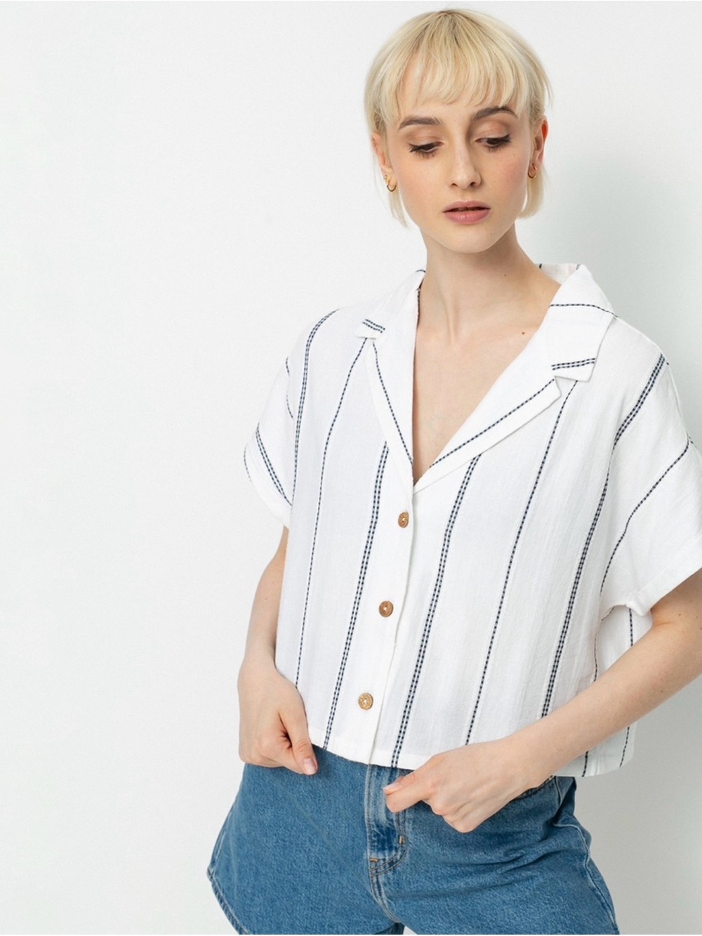 Roxy NWOT White Button-Front Short Sleeve Top with Navy Stripes